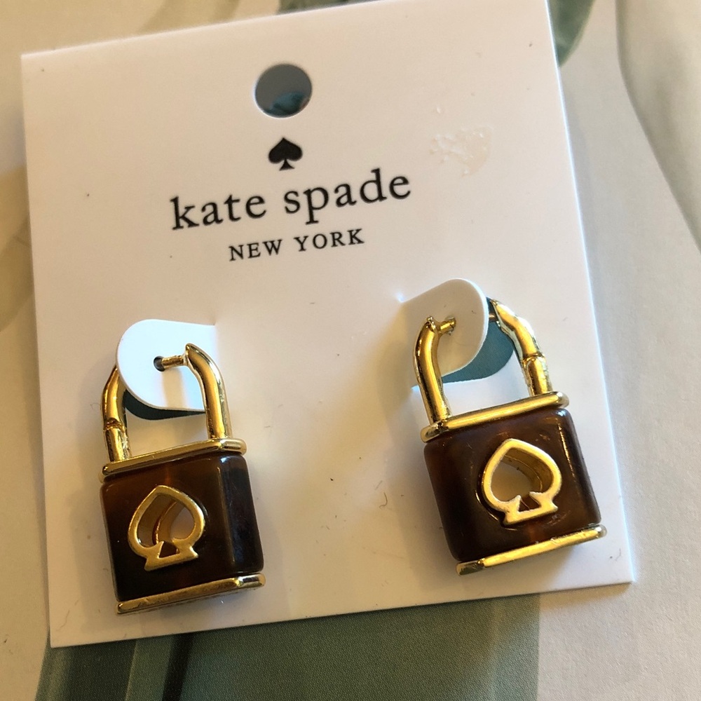 Authentic New on card. kate spade Brown and Gold Padlock Stud Earrings - Picture 3 of 7